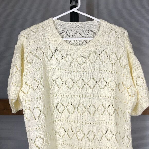 HANDMADE Cream Crochet Knit Short Sleeve Sweater Sz M - Picture 5 of 6